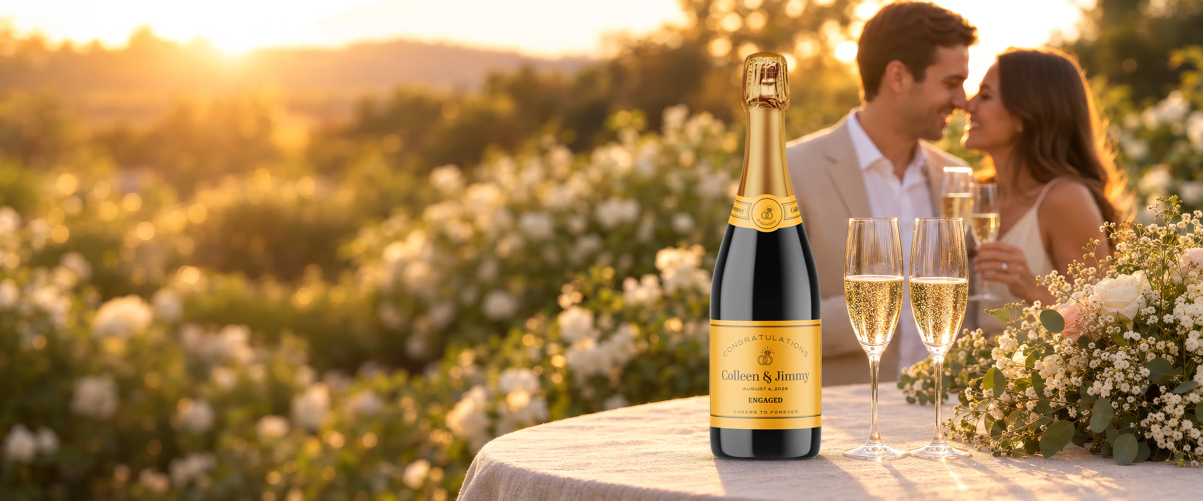 Champagne bottle with a personalized engagement label on a sunlit garden table, a couple celebrating behind it