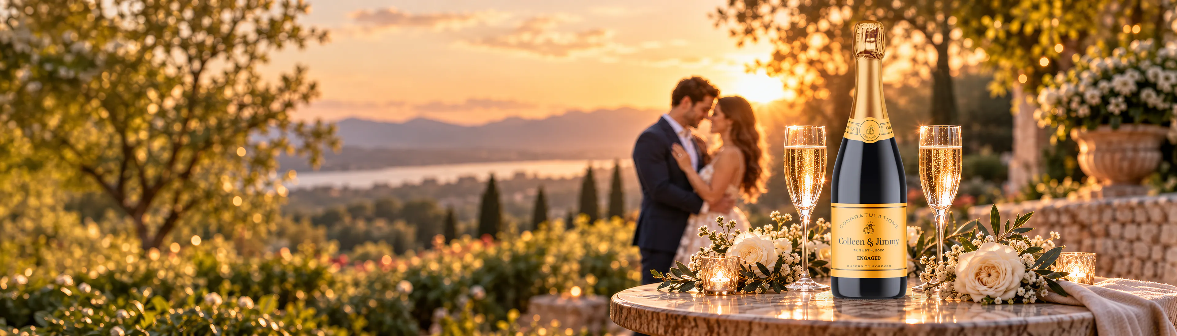 Champagne bottle with a personalized engagement label on a sunlit garden table, a couple embracing behind it