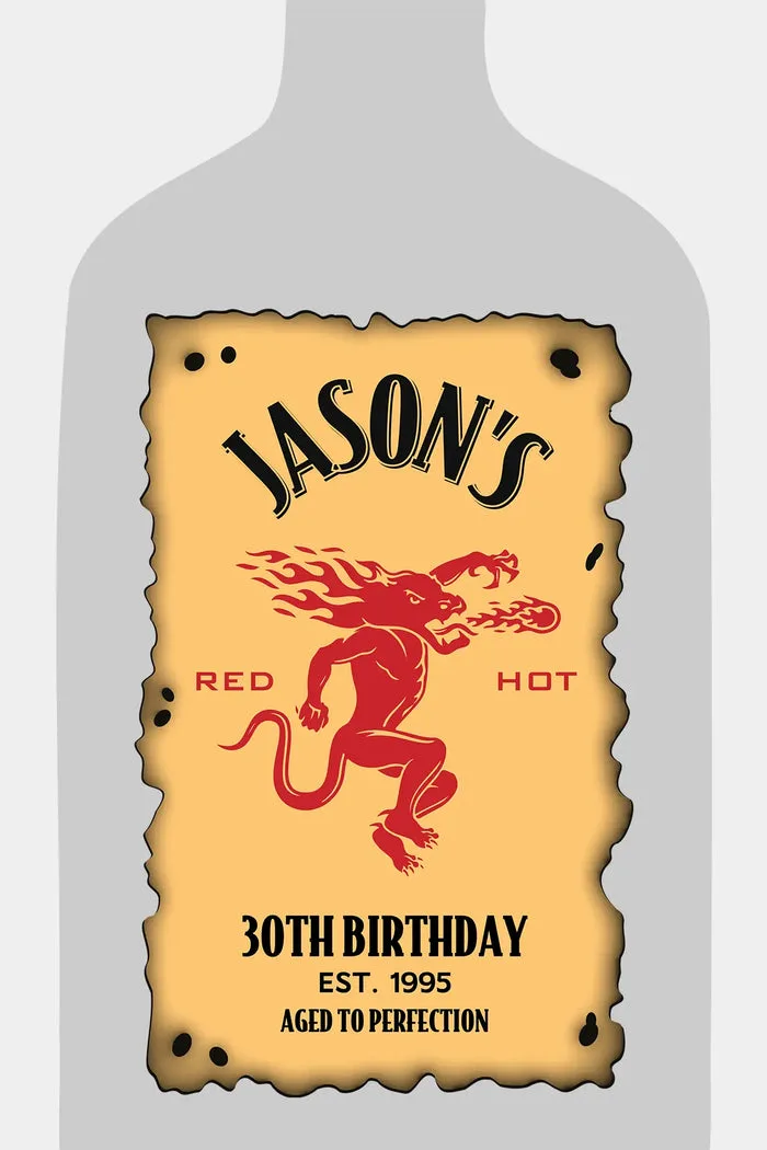 Personalized 30th birthday label on a mini whiskey bottle